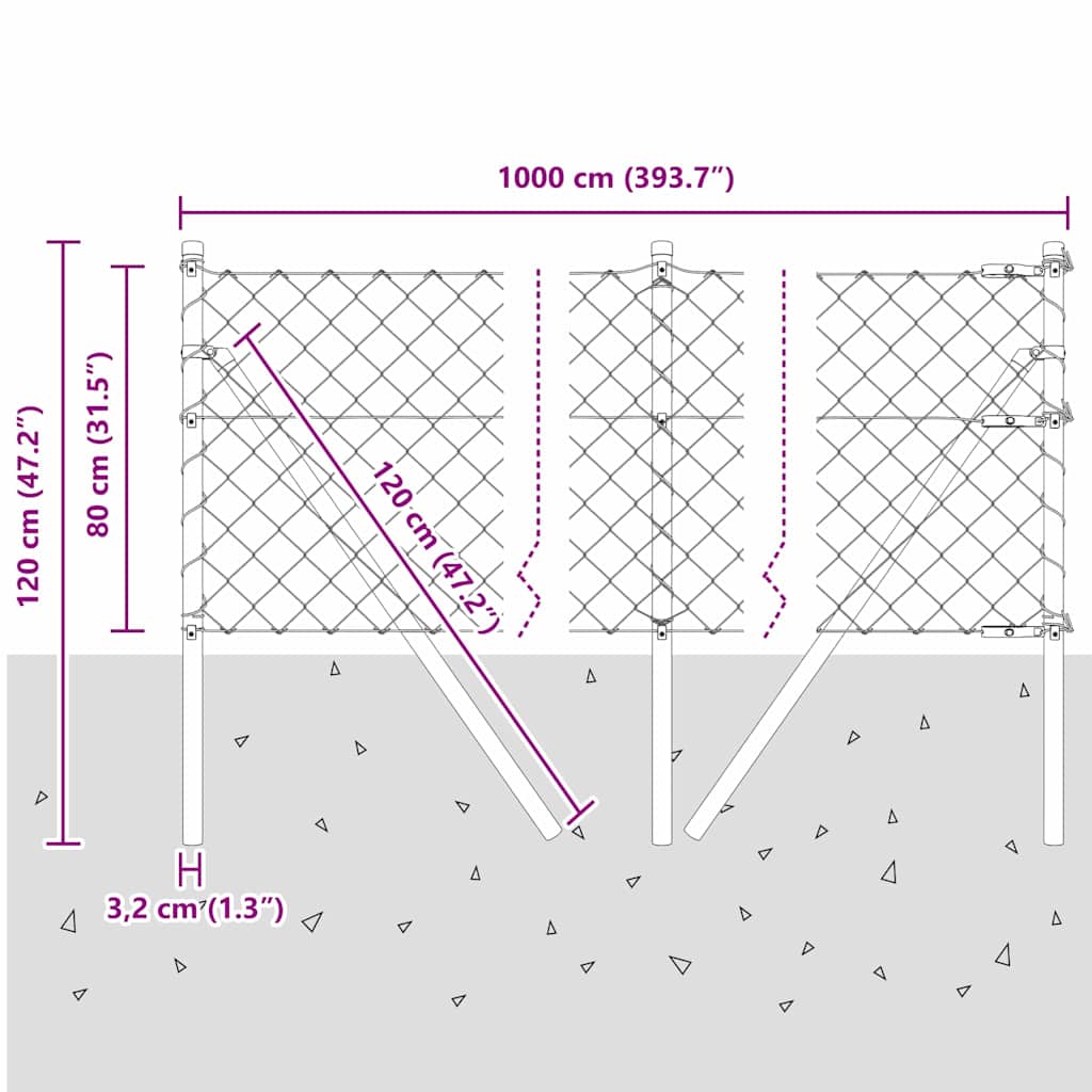 Kettengliedzaun mit Pfosten Grau 0.8 x 10 m Stahl