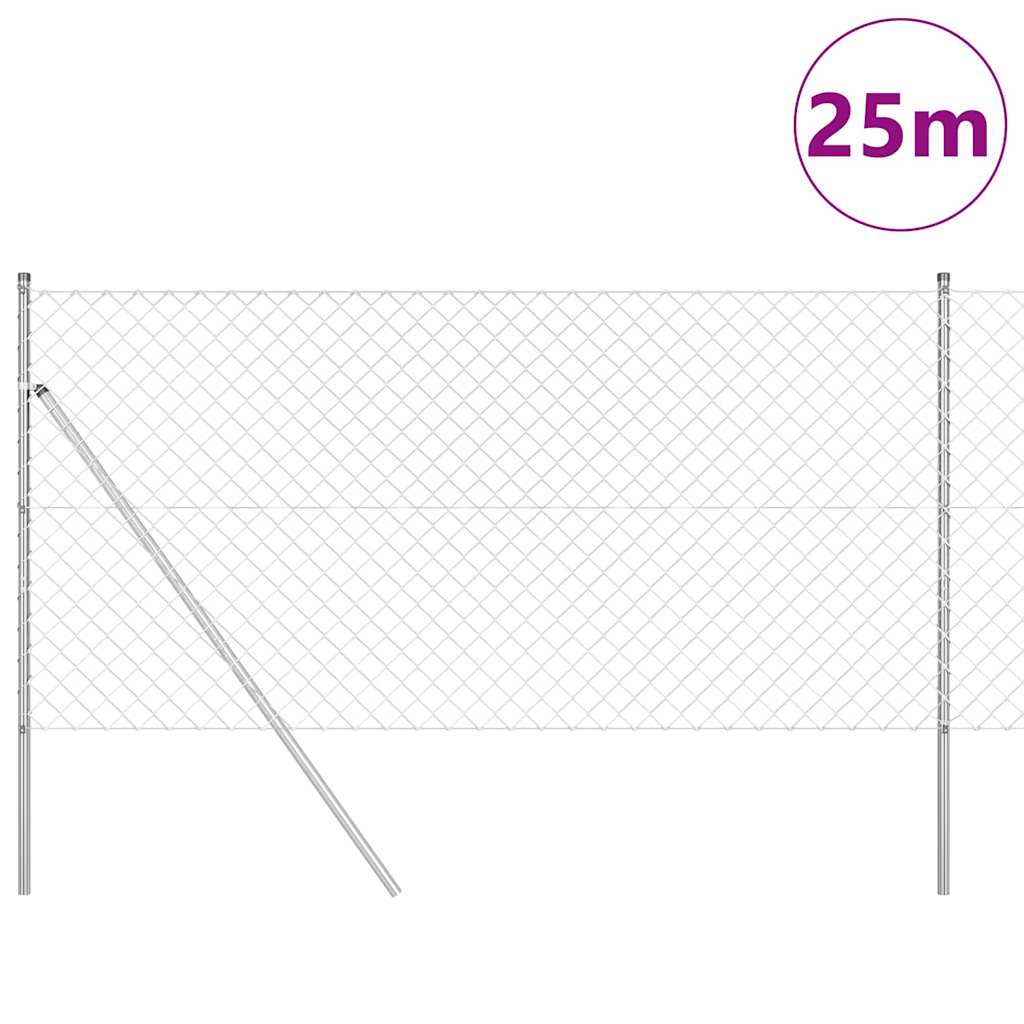 Kettengliedzaun mit Pfosten Silber 1.2 x 25 m Stahl