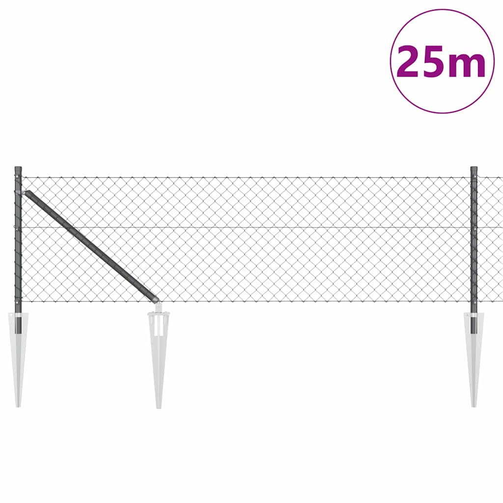 Kettengliedzaun mit Pfosten Grau 0.8 x 25 m Stahl