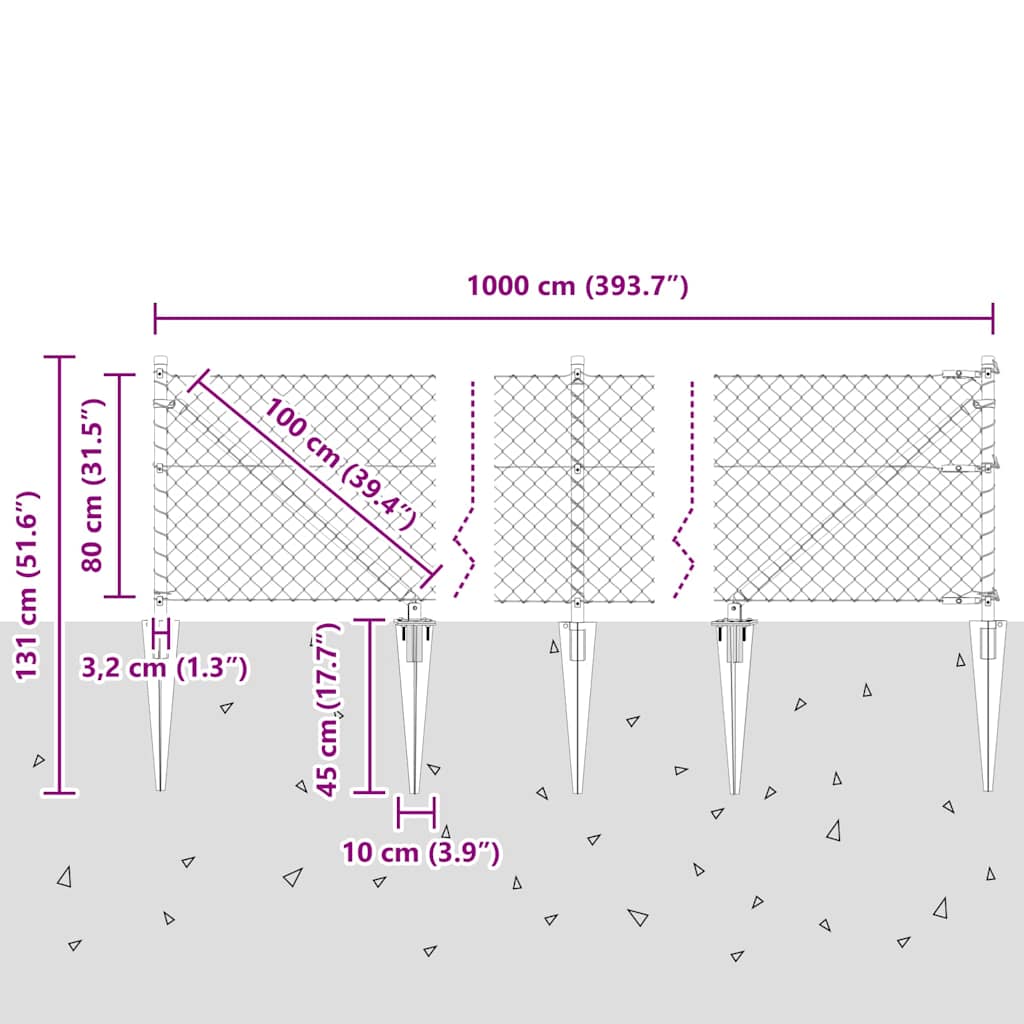 Kettengliedzaun mit Pfosten Silber 0.8 x 10 m Stahl