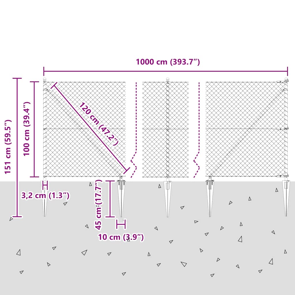 Kettengliedzaun mit Pfosten Silber 1 x 10 m Stahl