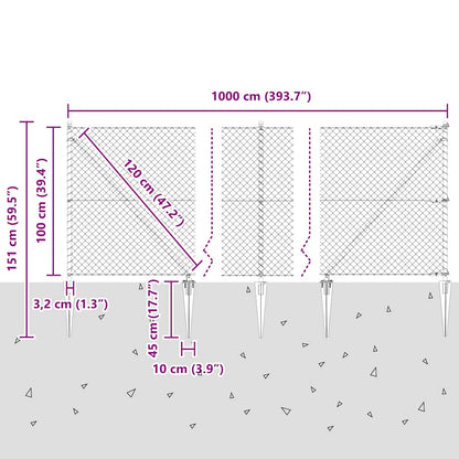 Kettengliedzaun mit Pfosten Silber 1 x 10 m Stahl