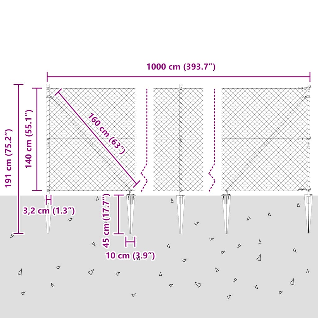 Kettengliedzaun mit Pfosten Silber 1.4 x 10 m Stahl