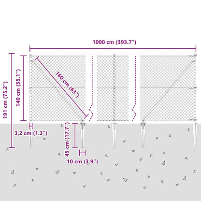 Kettengliedzaun mit Pfosten Silber 1.4 x 10 m Stahl