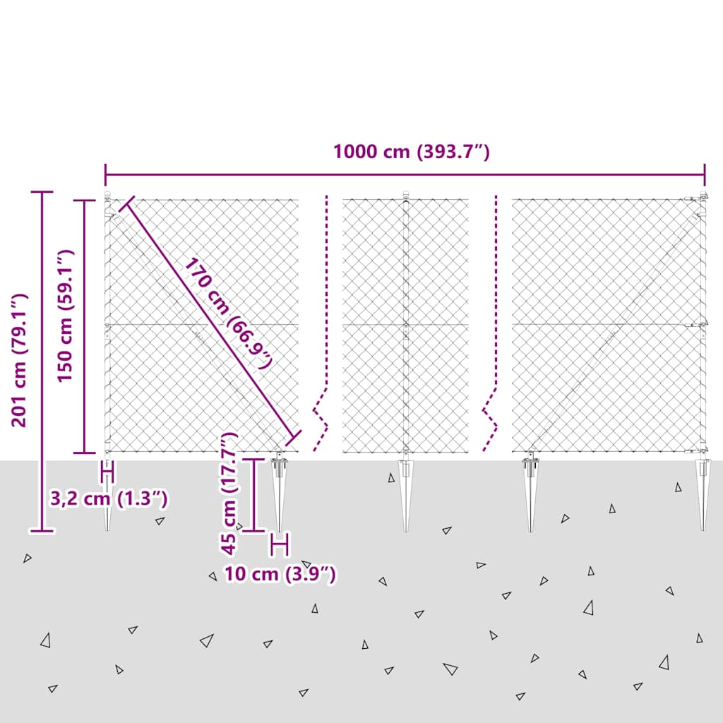 Kettengliedzaun mit Pfosten Silber 1.5 x 10 m Stahl