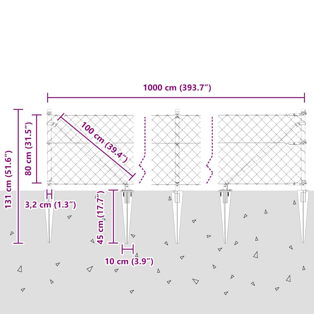 Kettengliedzaun mit Pfosten Silber 0.8 x 10 m Stahl