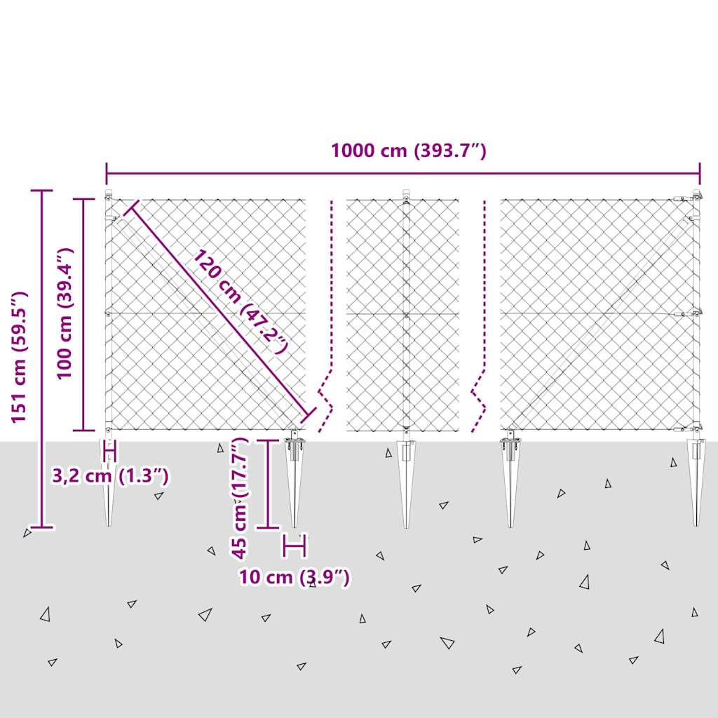 Kettengliedzaun mit Pfosten Silber 1 x 10 m Stahl