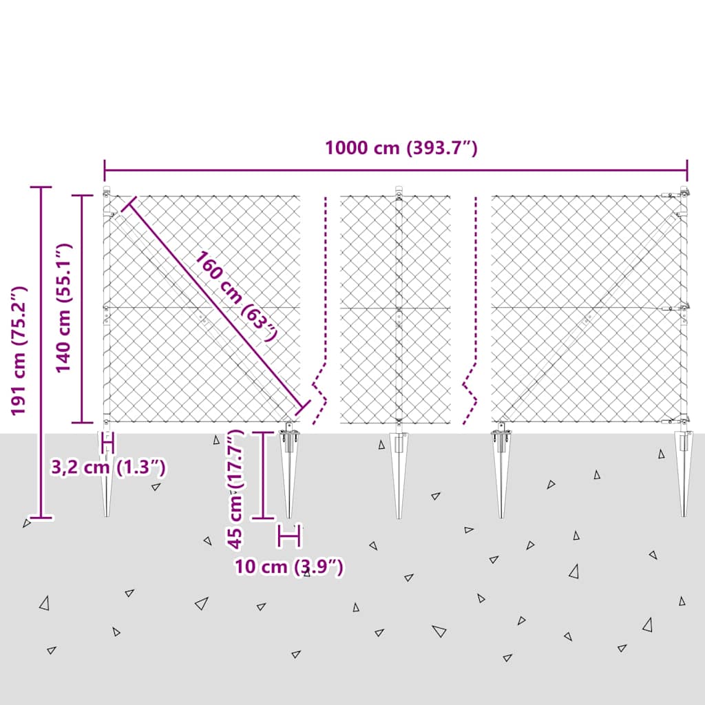 Kettengliedzaun mit Pfosten Silber 1.4 x 10 m Stahl
