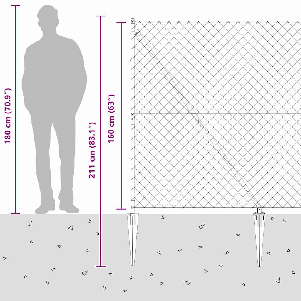 Kettengliedzaun mit Pfosten Silber 1.6 x 10 m Stahl