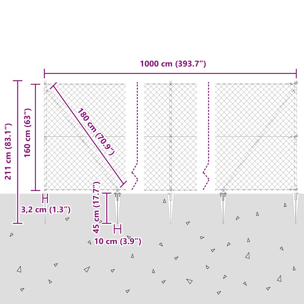 Kettengliedzaun mit Pfosten Silber 1.6 x 10 m Stahl
