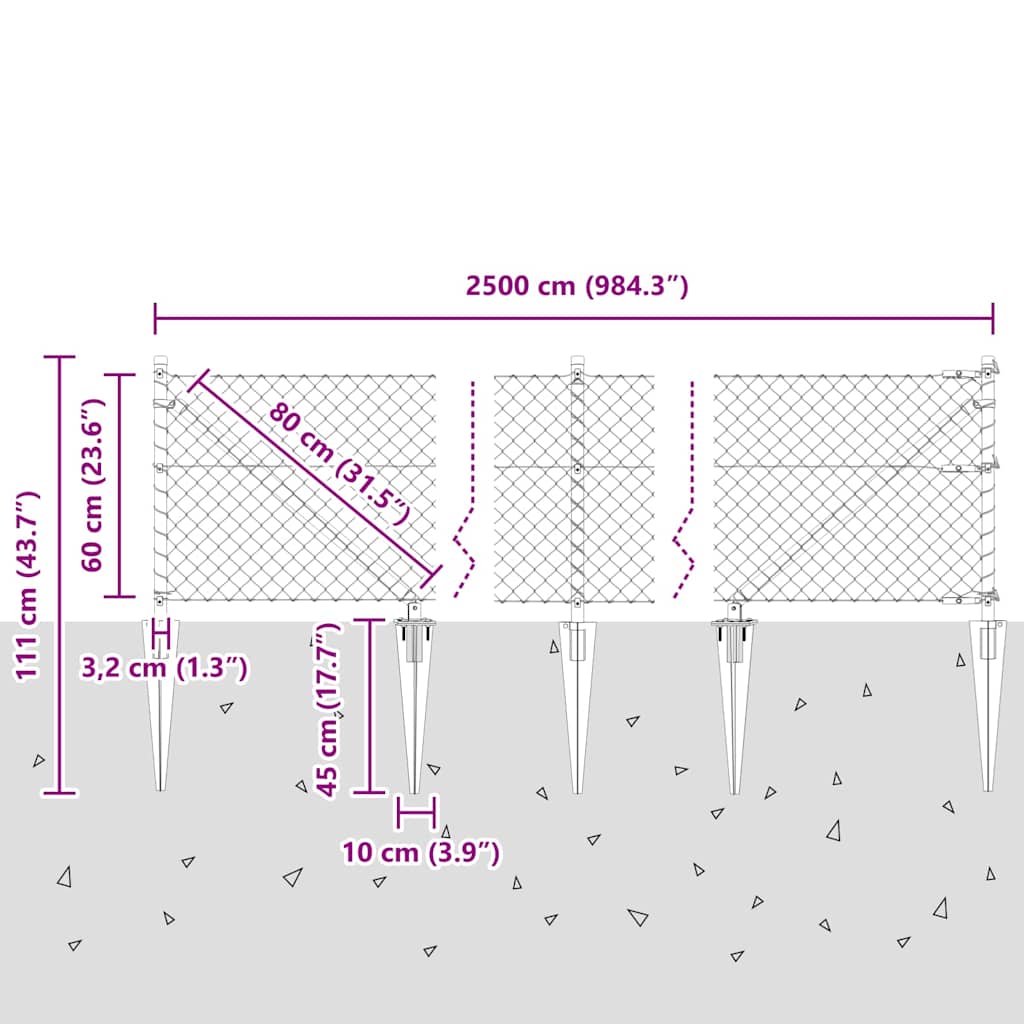 Kettengliedzaun mit Pfosten Silber 0,6 x 25 m Stahl