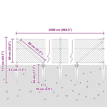 Kettengliedzaun mit Pfosten Silber 0,6 x 25 m Stahl