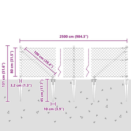 Kettengliedzaun mit Pfosten Silber 0.8 x 25 m Stahl