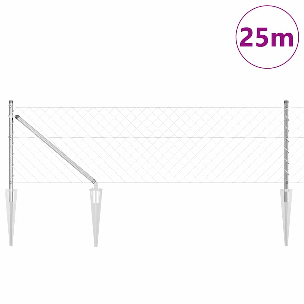 Kettengliedzaun mit Pfosten Silber 0.8 x 25 m Stahl
