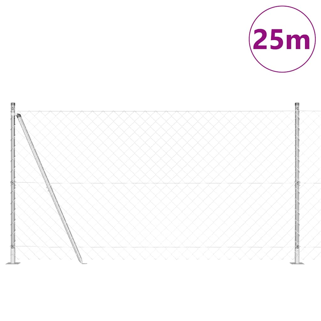 Kettengliedzaun mit Pfosten Silber 1.2 x 25 m Stahl
