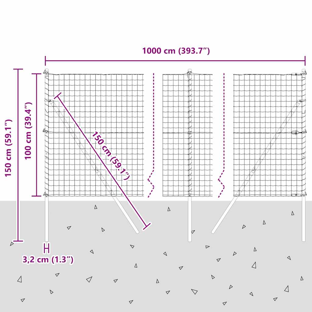 Zaun mit Pfosten Grau 1 x 10 m Stahl