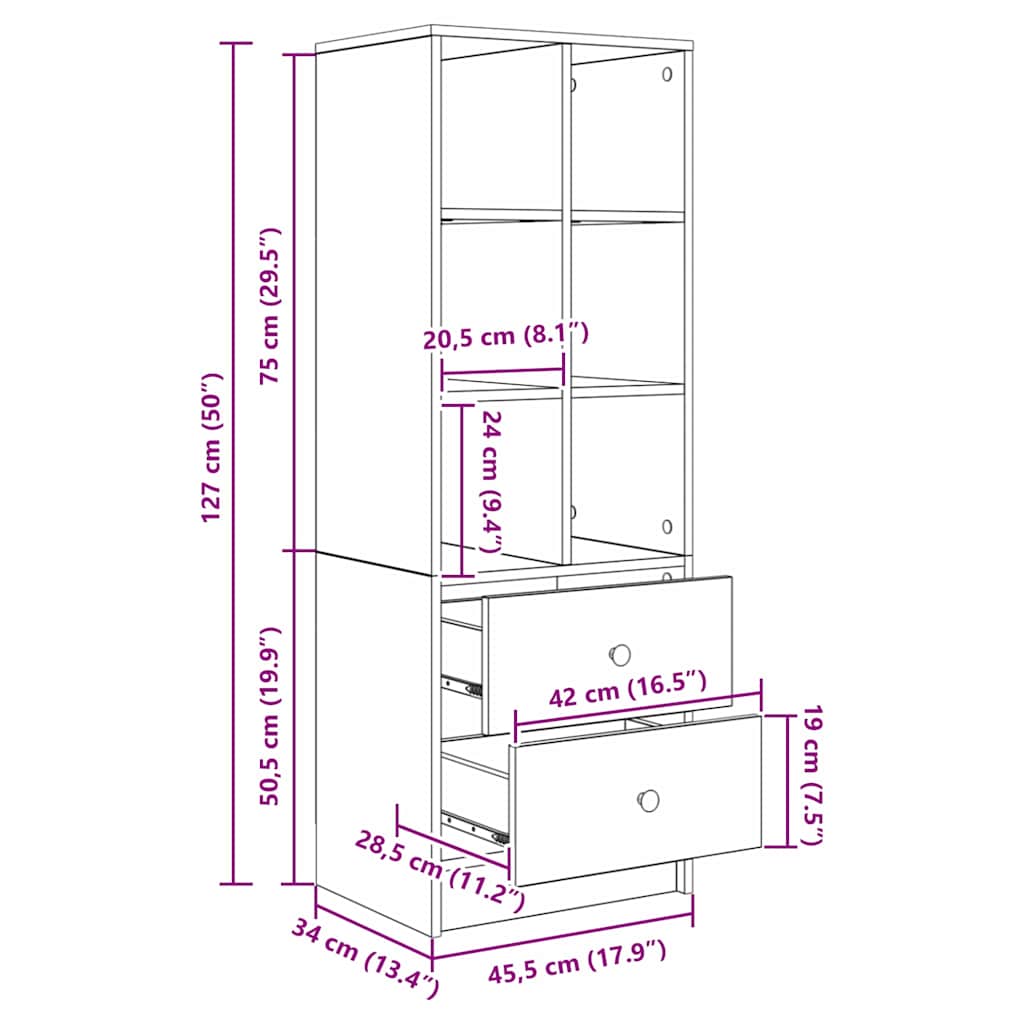 Hochboard Eiche handwerklich 45,5 x 34 x 127 cm Holzwerkstoff