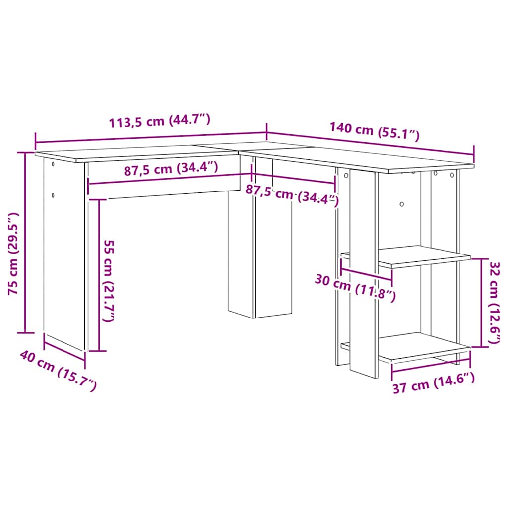 Eckschreibtisch mit Stauraum Betongrau 140 x 113,5 x 75 cm