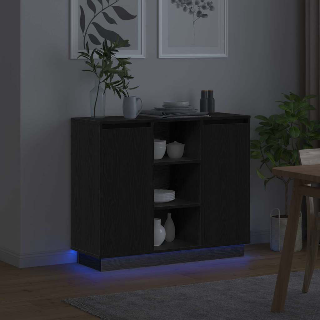 LED-Sideboard mit Regal Schwarz Eichen-Optik 90 x 32 x 75 cm