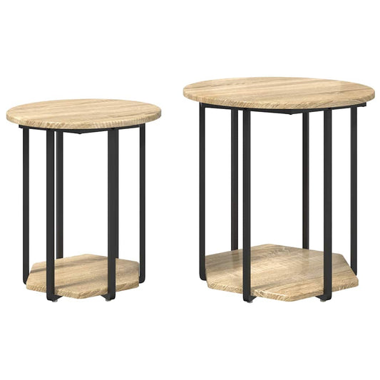 Beistelltisch-Set mit Regal 2 pcs Sonoma-Eiche und Schwarz