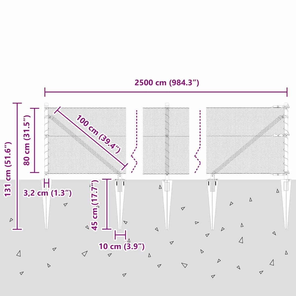 Zaun mit Pfosten Grau 0.8 x 25 m PVC-beschichteter Stahl