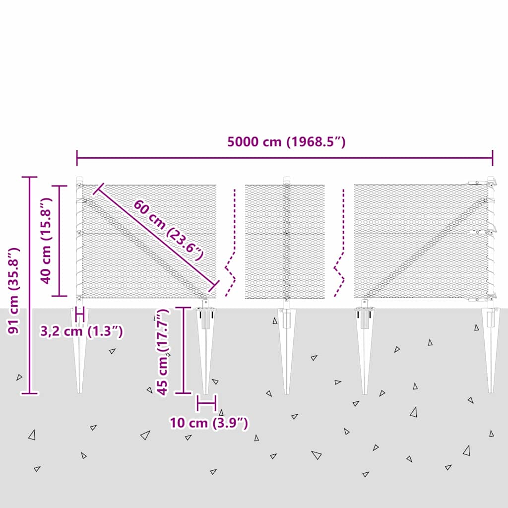 Zaun mit Pfosten Grau 0.4 x 50 m PVC-beschichteter Stahl