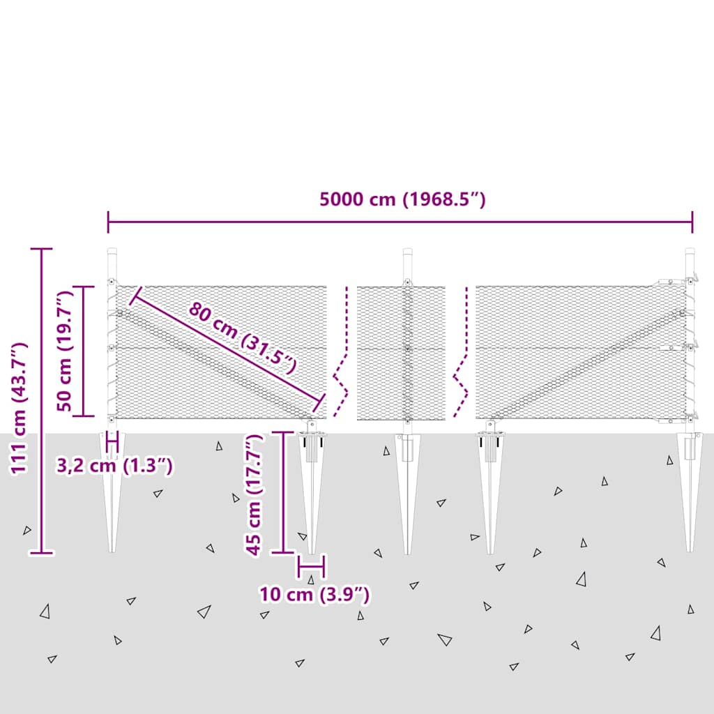 Zaun mit Pfosten Grau 0,5 x 50 m PVC-beschichteter Stahl