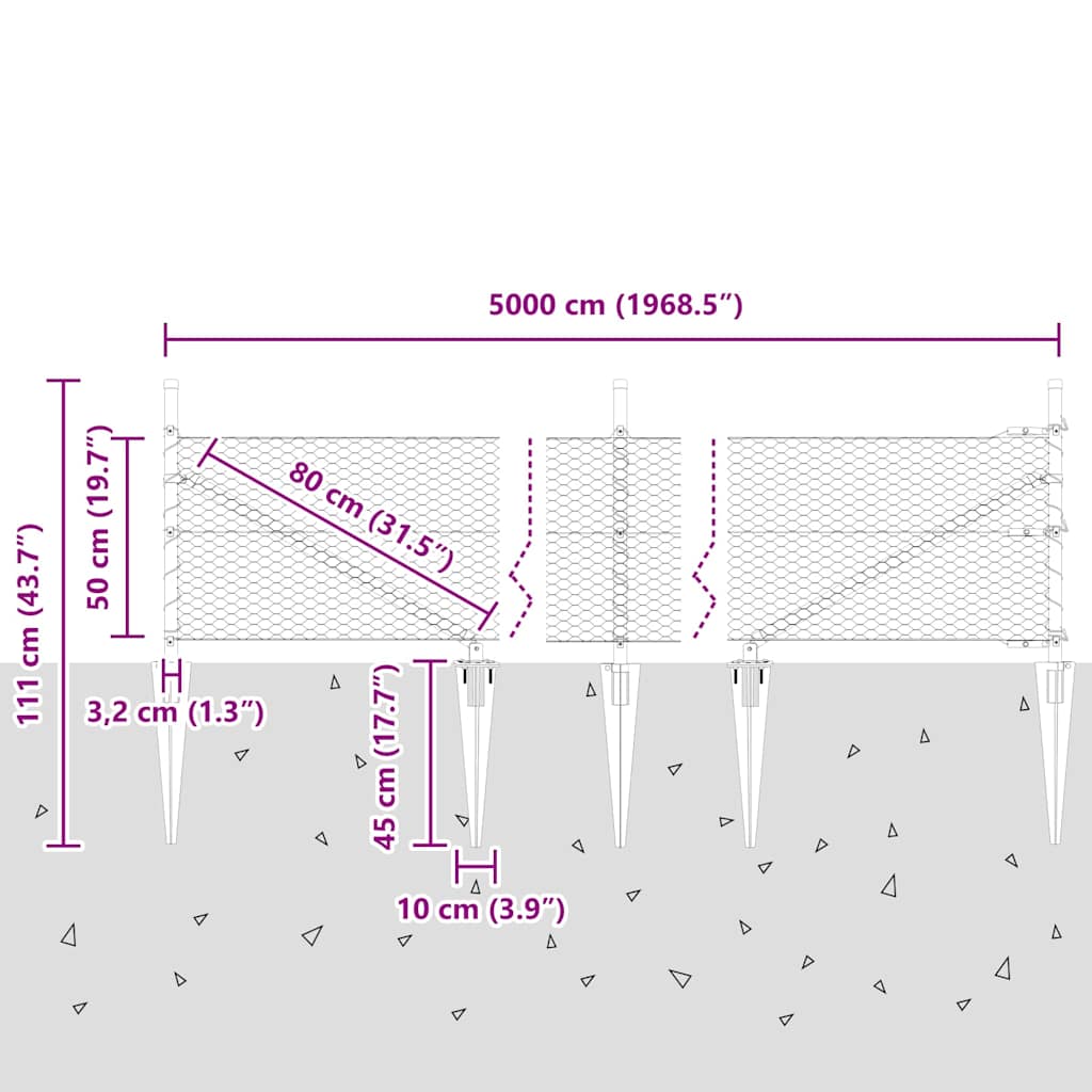 Zaun mit Pfosten Grau 0,5 x 50 m PVC-beschichteter Stahl