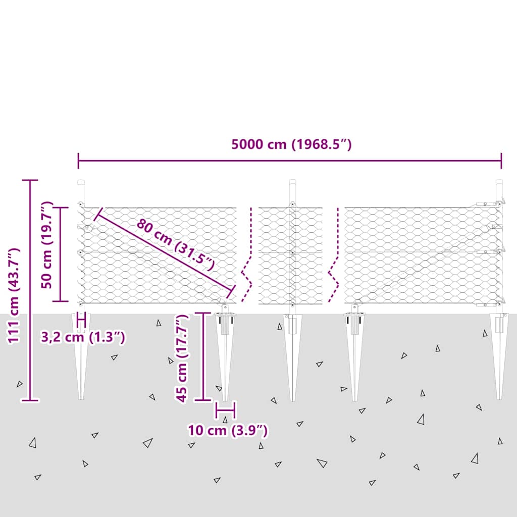 Zaun mit Pfosten Grau 0,5 x 50 m PVC-beschichteter Stahl