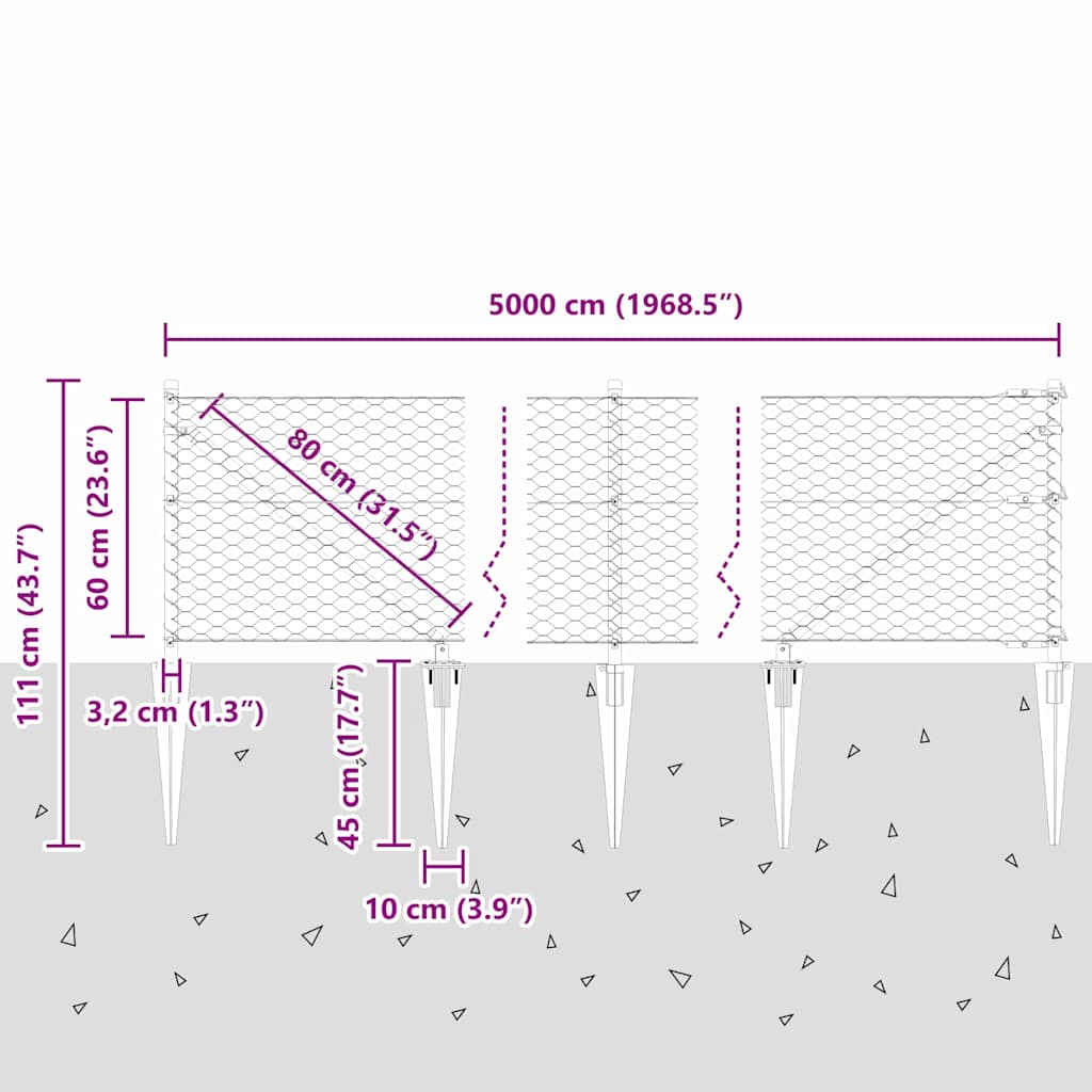 Zaun mit Pfosten Grau 0,6 x 50 m PVC-beschichteter Stahl