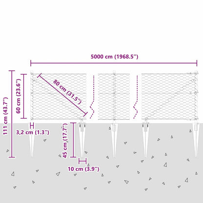 Zaun mit Pfosten Grau 0,6 x 50 m PVC-beschichteter Stahl