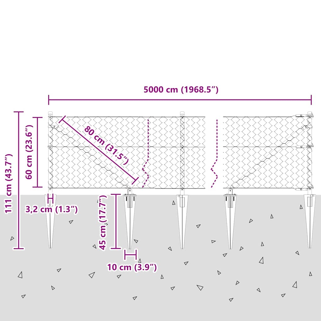 Zaun mit Pfosten Grau 0,6 x 50 m PVC-beschichteter Stahl