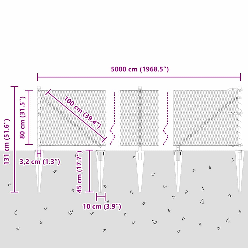 Zaun mit Pfosten Grau 0,8 x 50 m PVC-beschichteter Stahl