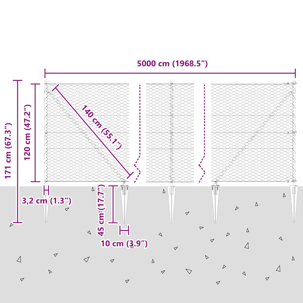 Zaun mit Pfosten Grau 1,2 x 50 m PVC-beschichteter Stahl