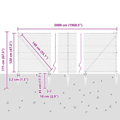 Zaun mit Pfosten Grau 1,2 x 50 m PVC-beschichteter Stahl