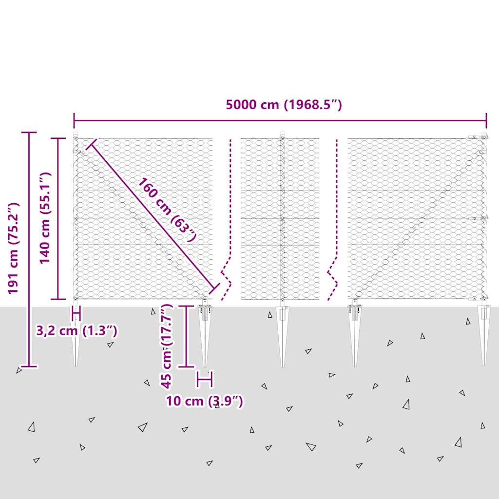 Zaun mit Pfosten Grau 1,4 x 50 m PVC-beschichteter Stahl