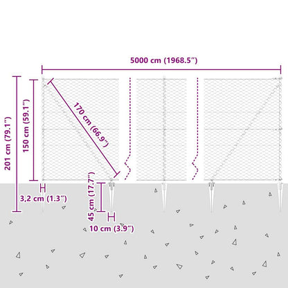 Zaun mit Pfosten Grau 1,5 x 50 m PVC-beschichteter Stahl