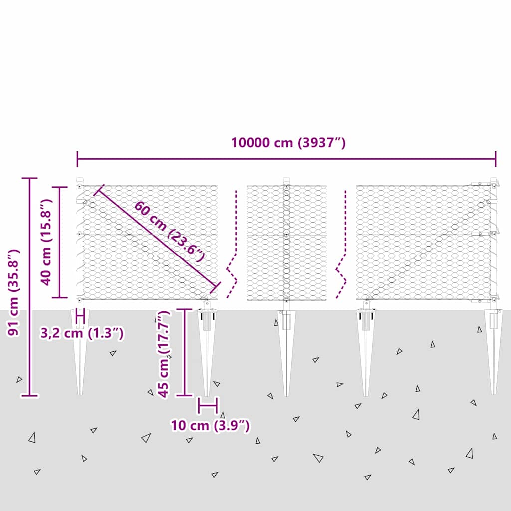 Zaun mit Pfosten Grau 0,4 x 100 m PVC-beschichteter Stahl
