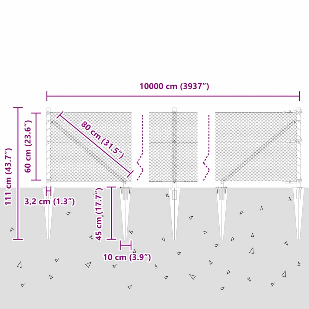 Zaun mit Pfosten Grau 0,6 x 100 m PVC-beschichteter Stahl