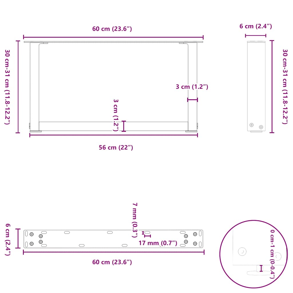 Couchtischbeine U-Form 2 Stk. Naturstahl 60x(30-31) cm Stahl