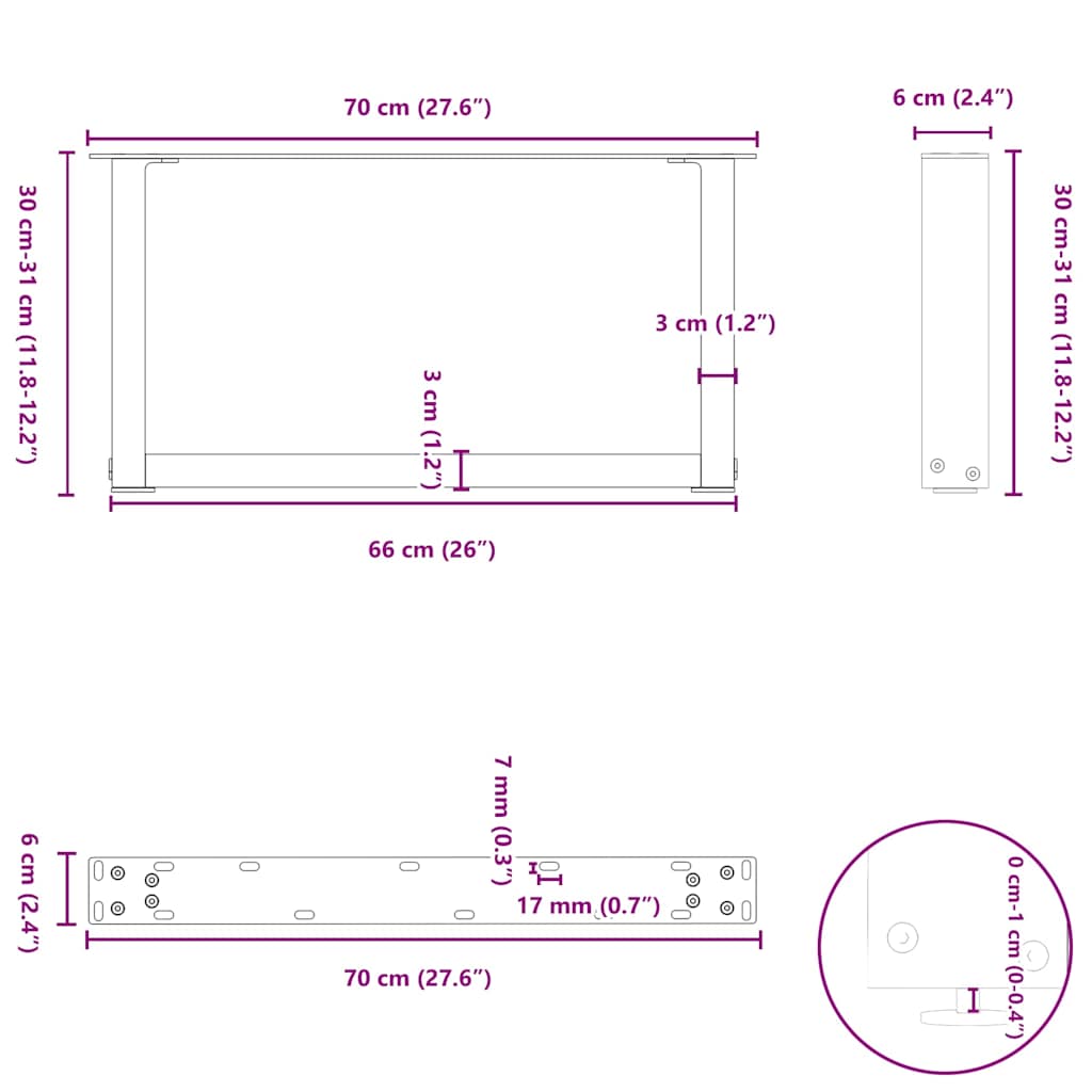 Couchtischbeine U-Form 2 Stk. Weiß 70x(30-31) cm Stahl