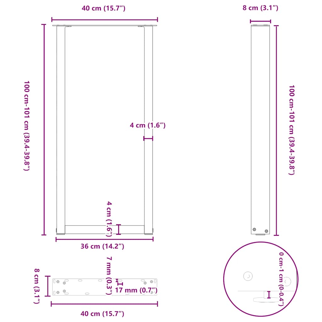Bartischbeine U-Form 2 Stk. Naturstahl 40x(100-101) cm Stahl