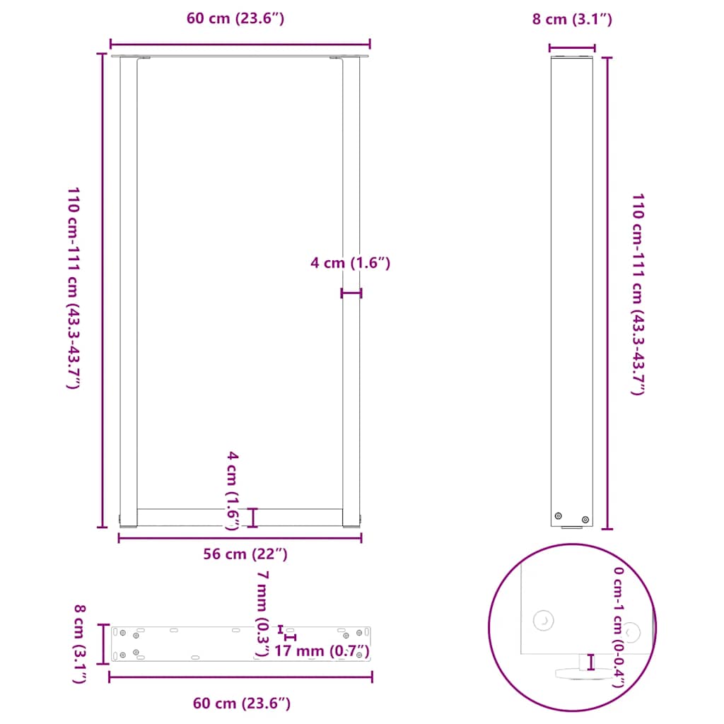 Bartischbeine U-Form 2 Stk. Naturstahl 60x(110-111) cm Stahl