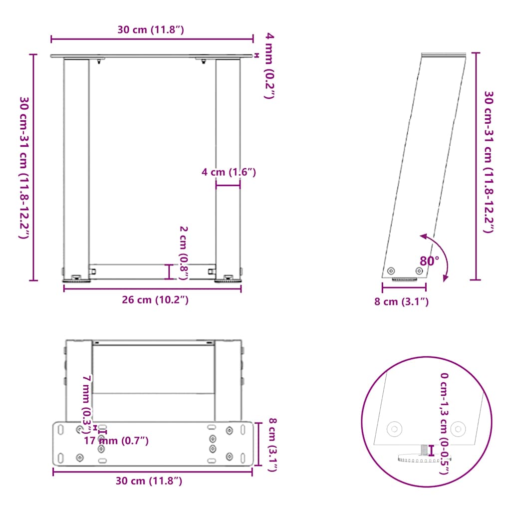 Couchtischbeine U-Form 2 Stk. Anthrazit 30x(30-31) cm Stahl