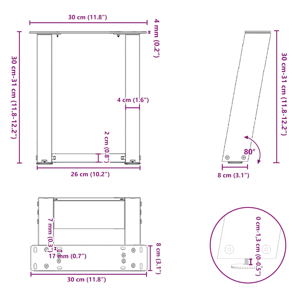 Couchtischbeine U-Form 2 Stk. Naturstahl 30x(30-31) cm Stahl