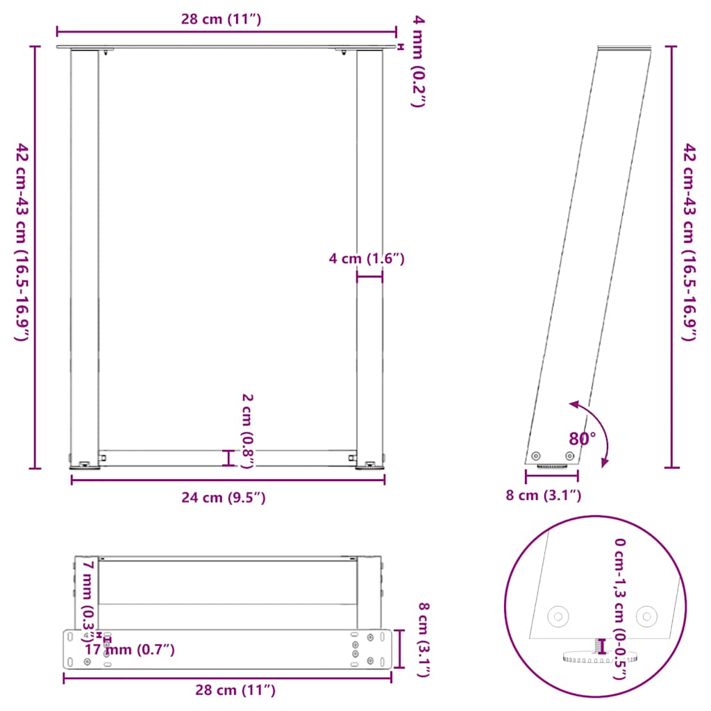 Couchtischbeine U-Form 2 Stk. Weiß 28x(42-43) cm Stahl
