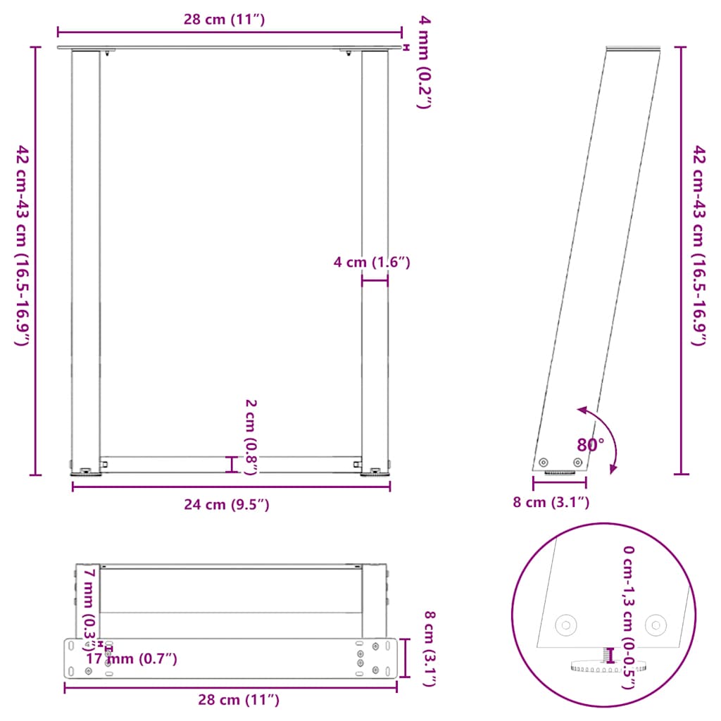 Couchtischbeine U-Form 2 Stk. Naturstahl 28x(42-43) cm Stahl