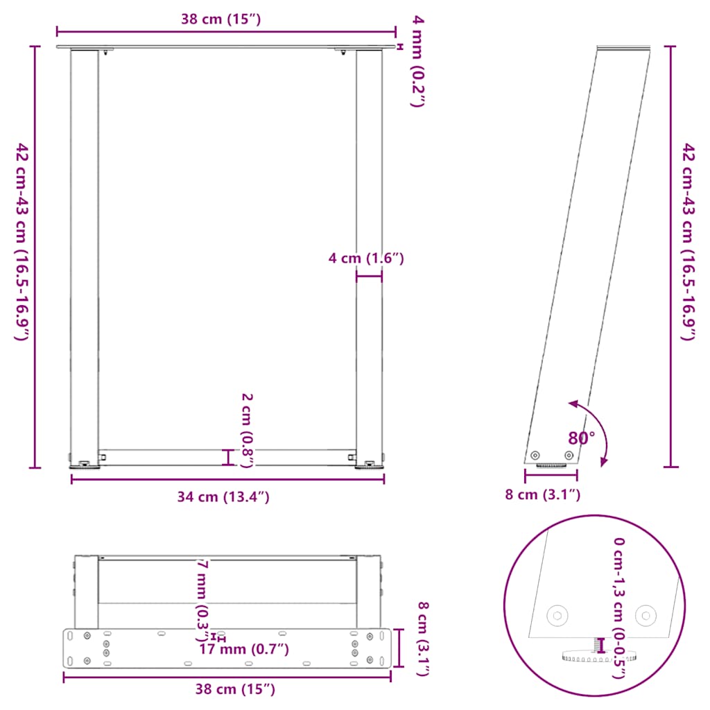 Couchtischbeine U-Form 2 Stk. Naturstahl 38x(42-43) cm Stahl