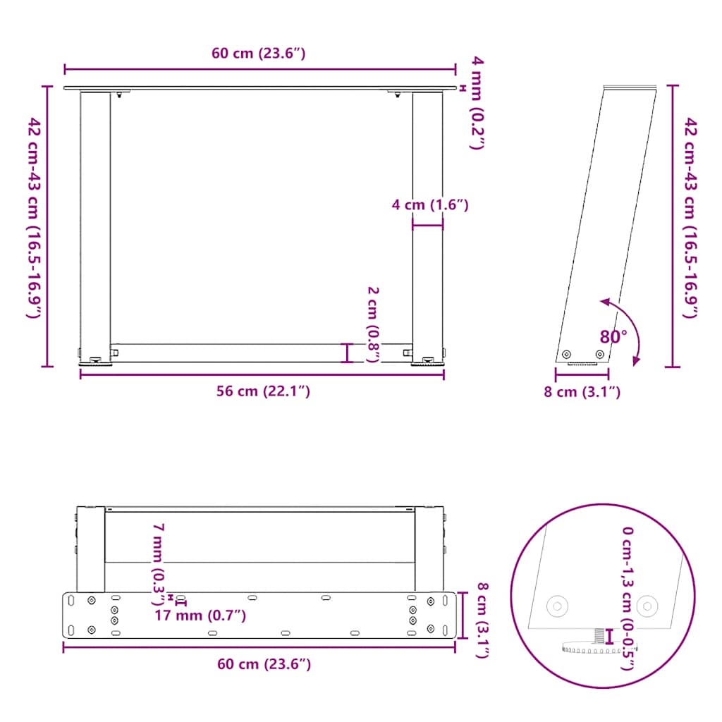 Couchtischbeine U-Form 2 Stk. Naturstahl 60x(42-43) cm Stahl