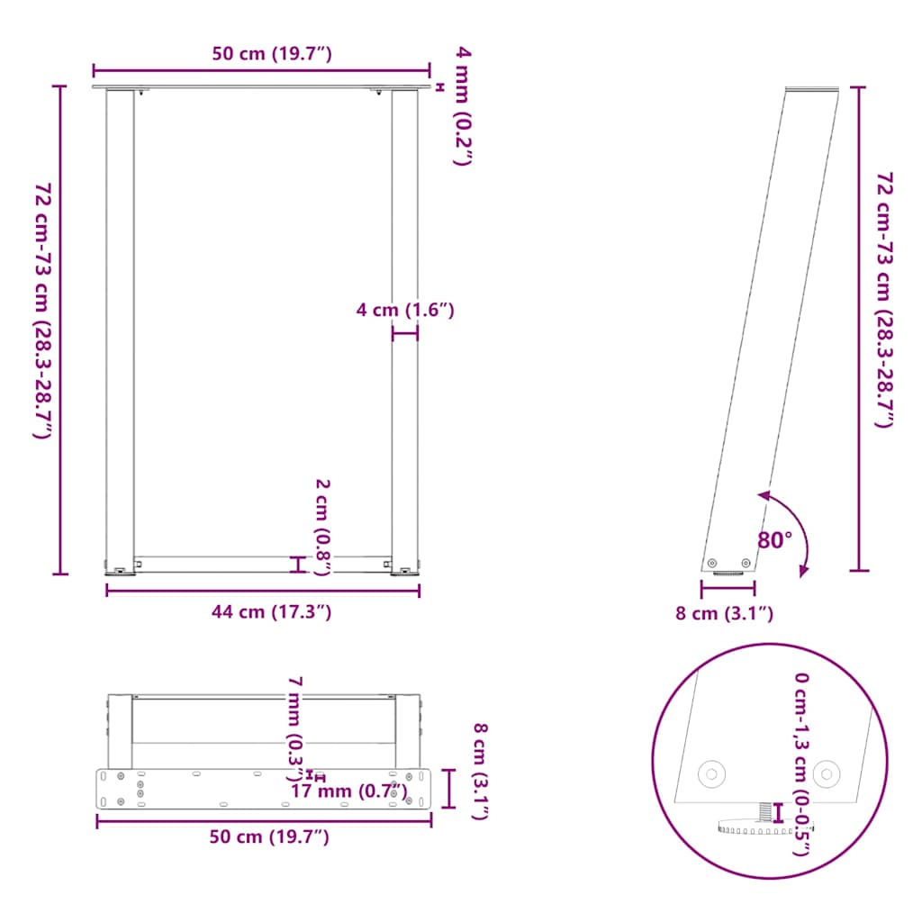 Esstischbeine U-Form 2 Stk. Naturstahl 50x(72-73) cm Stahl
